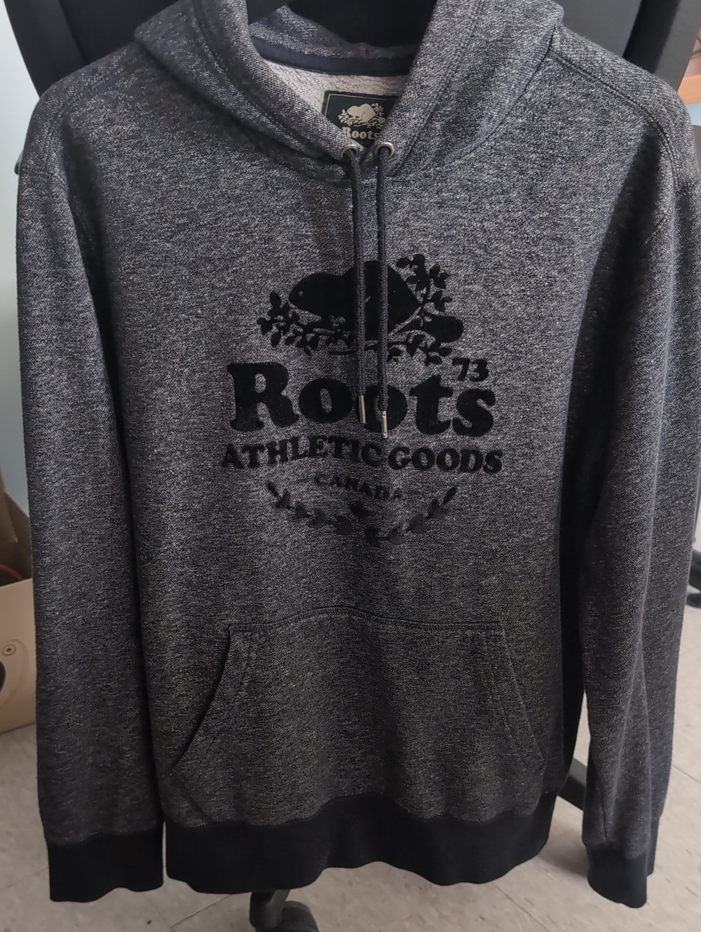 Roots Men's Dark Heather Charcoal Hoodie with Black Logo